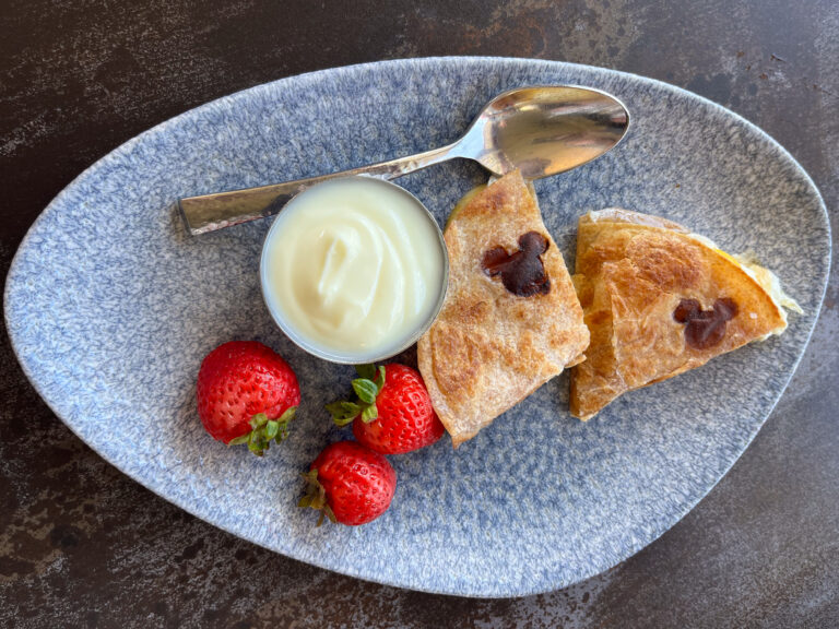 Brunch at Lamplight Lounge kids breakfast quesadillas with Mickey's on tortillas, strawberries and yogurt