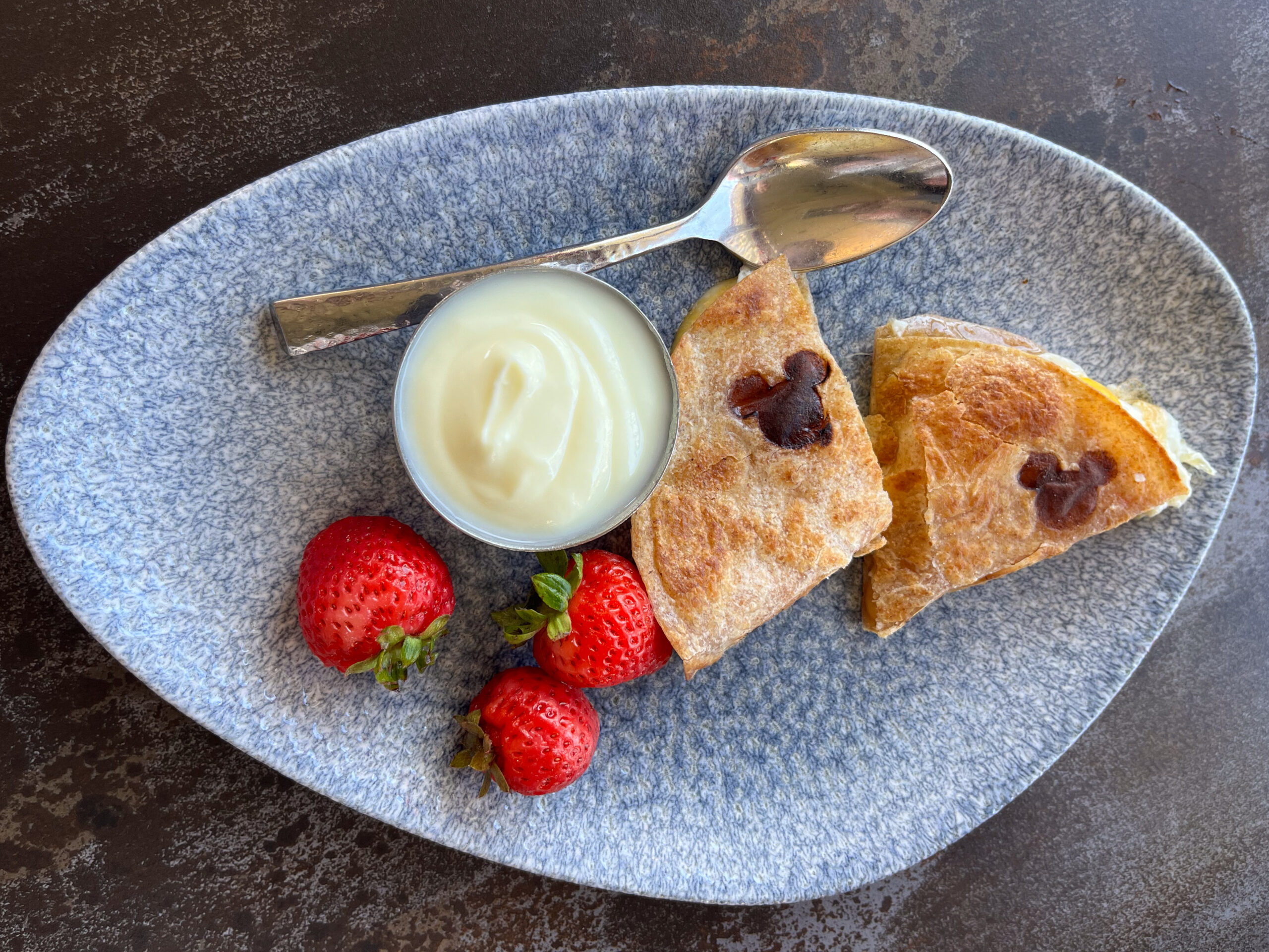 Brunch at Lamplight Lounge kids breakfast quesadillas with Mickey's on tortillas, strawberries and yogurt