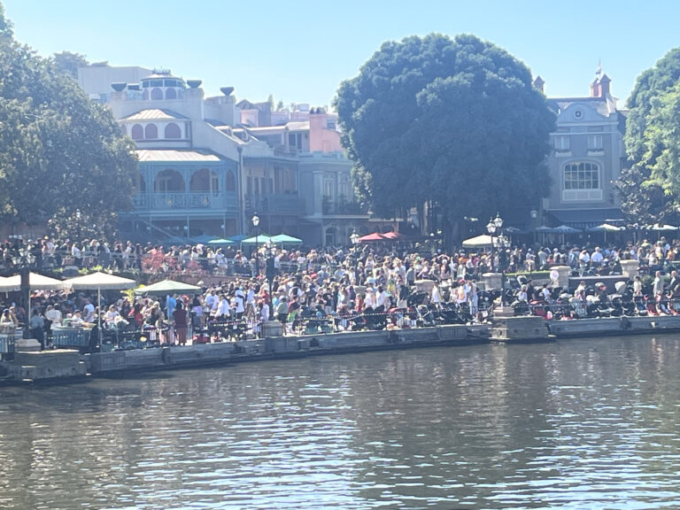 View of New Orleans Square from Mark Twain Riverboat when Disneyland is very crowded and busy